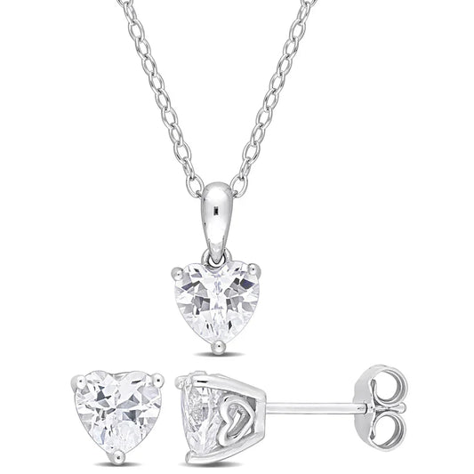 Amour Sterling Silver 2 3/4 CT TGW Heart Created White Sapphire Earr. & Pendant