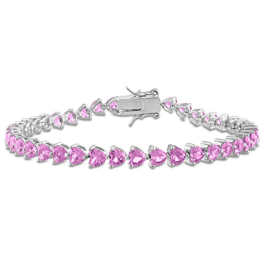 Amour Sterling Silver 12 1/3 CT TGW Created Pink Heart-Cut Sapphire Bracelet